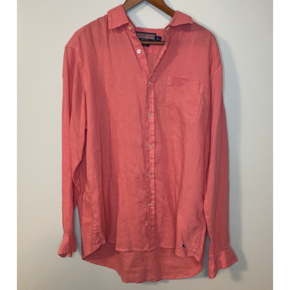 Vineyard Vines Shirt Mens L Coral Lightweight Linen Classic Fit Button Up Pocket